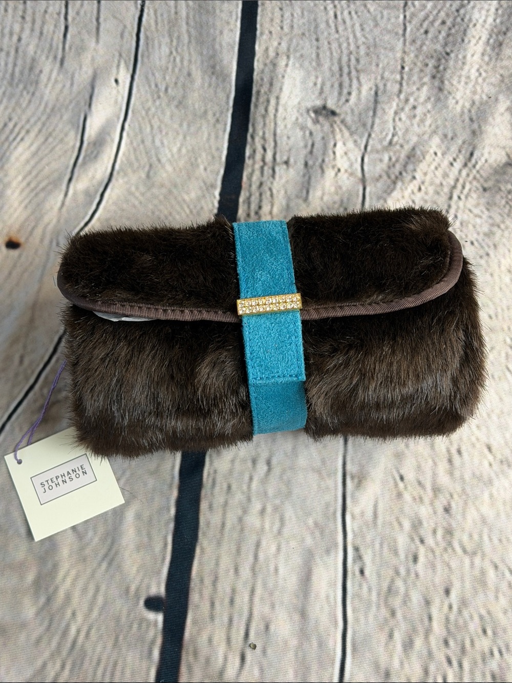 STEPHANIE‎ JOHNSON Faux Fur Clutch Brown Teal Strap Crystal Accent Bag